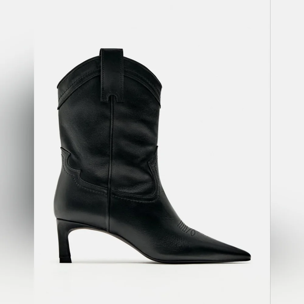 ZARA LEATHER COWBOY HEELED ANKLE BOOTS